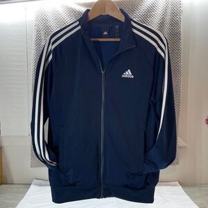 Adidas Men's Dark Blue Windbreaker with White Stripes